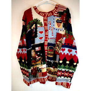 Stitches in Time 2X Heavy Christmas Sweater, Santa Claus/Xmas Tree/Log Cabin